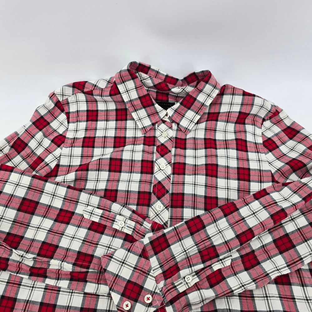 Talbots Plaid Button Down Women Metallic Lurex Red White Size L